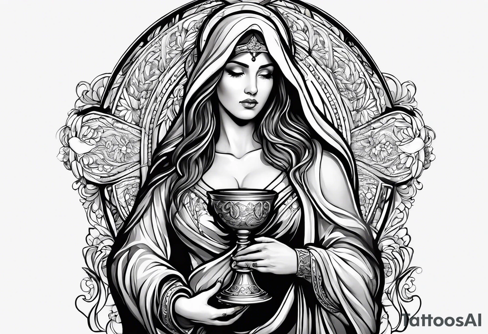 holy saint woman turned away
 holding a chalice tattoo idea