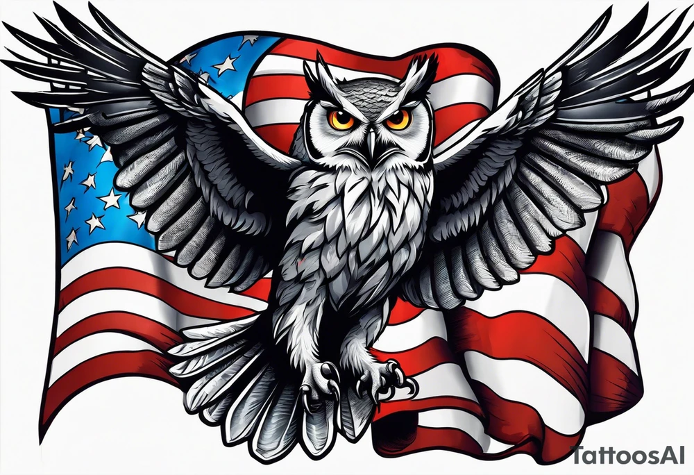 angry owl swooping down with talons holding an american flag tattoo idea