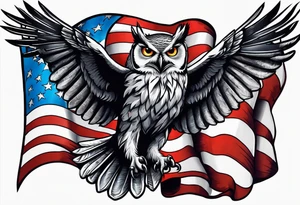 angry owl swooping down with talons holding an american flag tattoo idea