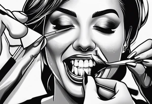 a view of a female, attractive dentist working on a set of teeth, seen from inside the mouth tattoo idea