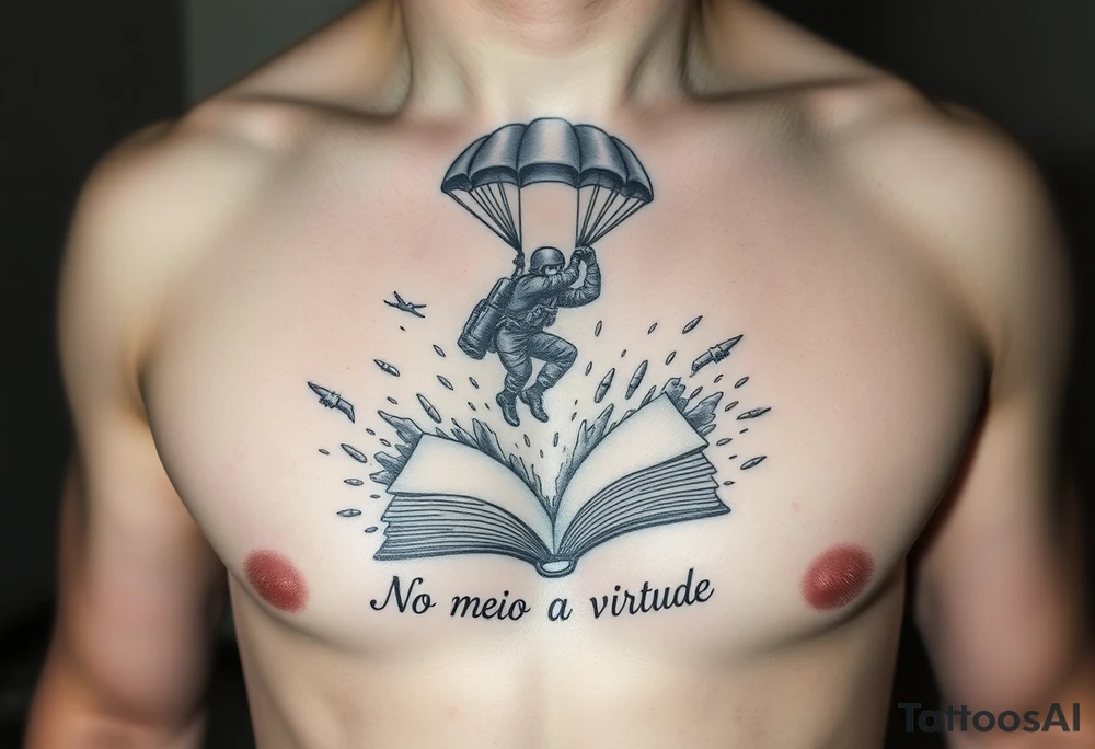 A parachuting soldier landing into an open book. Chaos surrounding, but the book is protecting the soldier from it. On the chest. Make it smaller. Make it thought provoking. "No meio esta a virtude" underneath the book tattoo idea
