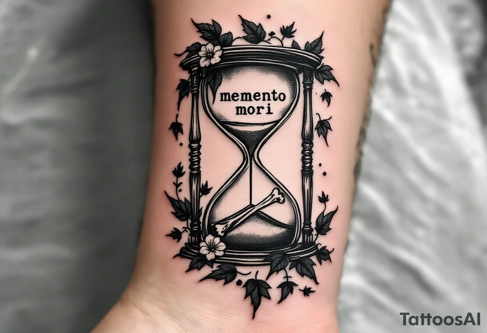 A grayscale hourglass with bones slowly slipping through, framed by dark ivy leaves and "memento mori" in faint white ink across the glass. tattoo idea