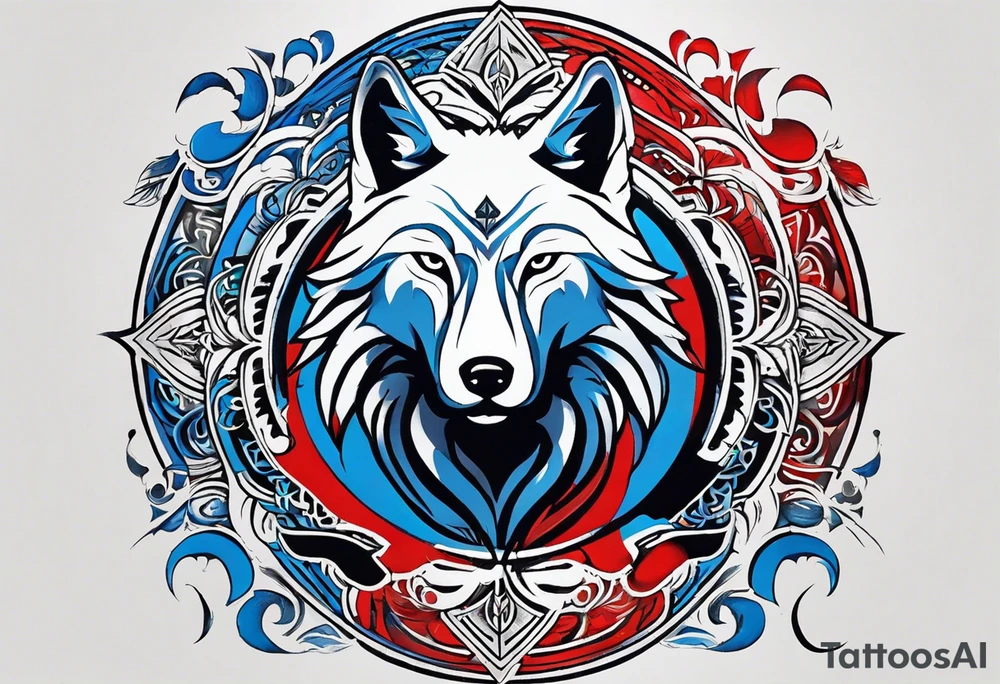 a tattoo whose main theme is balance but also resembles new begining, strong willpower, peace and loyalty. This should be for the front part of the shoulder. maybe add the ying-yang symbol somewhere in the tattoo. Tattoo should have an equal amount of blue and red along with the overall tattoo being black. In corporate a wolf into the tattoo, make sure it resembles ing and yang. wolf needs to look dangerous tattoo idea