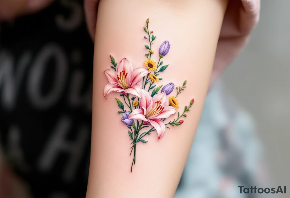 Small Stargazer lillies pale pink with no outline 
with small yellow sunflowers and pale purple tulip buds in a dainty wildflower bouquet with light green stems. Low detail. tattoo idea