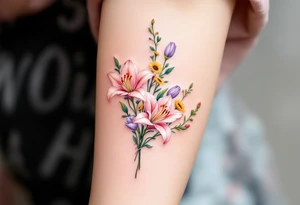 Small Stargazer lillies pale pink with no outline 
with small yellow sunflowers and pale purple tulip buds in a dainty wildflower bouquet with light green stems. Low detail. tattoo idea