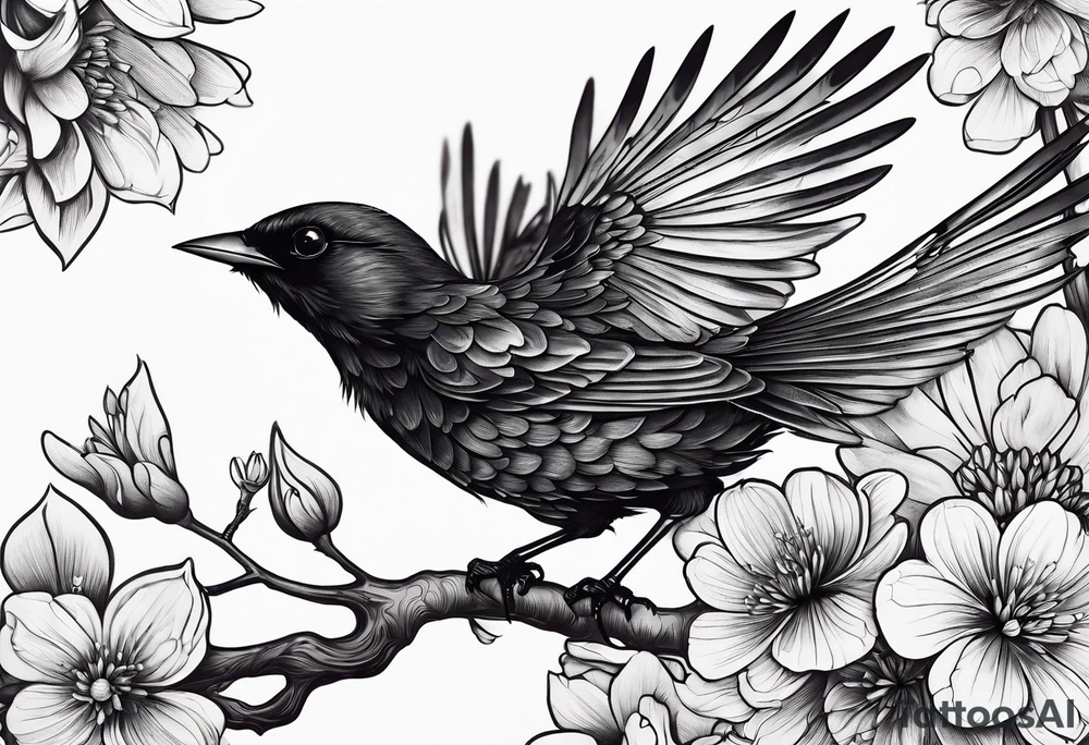 Black bird with its wings up about to fly on a branch with flowers tattoo idea