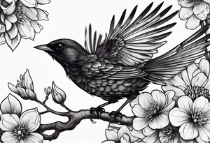 Black bird with its wings up about to fly on a branch with flowers tattoo idea
