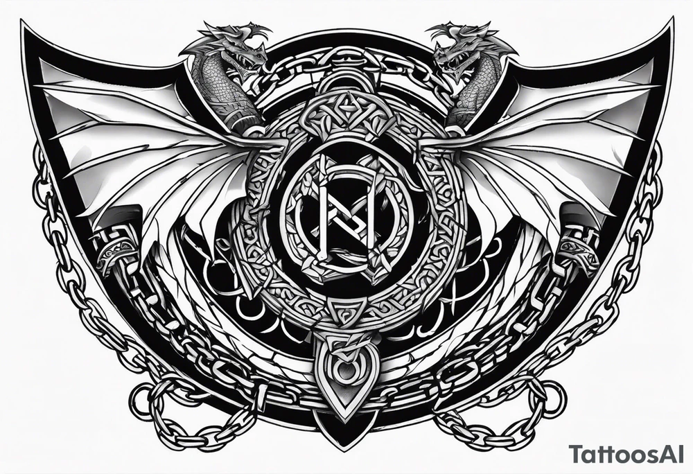 Valhalla sword shield dragon axe Valknut barbed wire chains tattoo idea Valhalla sword shield dragon axe Valknut barbed wire chains tattoo idea