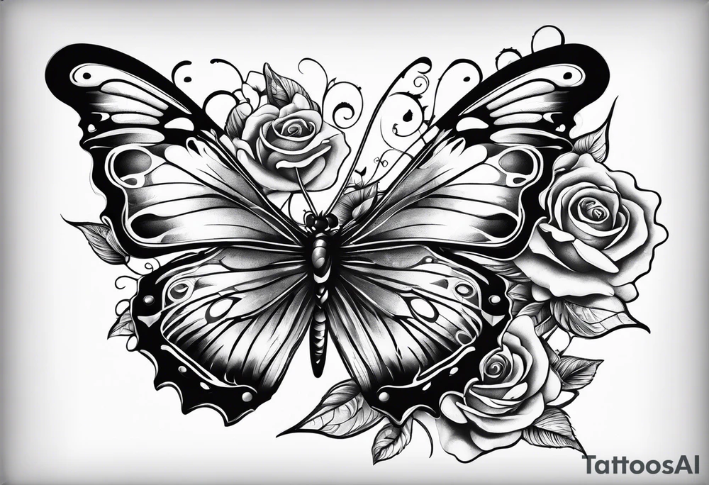 Butterfly flying with roses & filligree tattoo idea