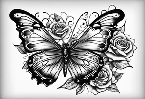 Butterfly flying with roses & filligree tattoo idea