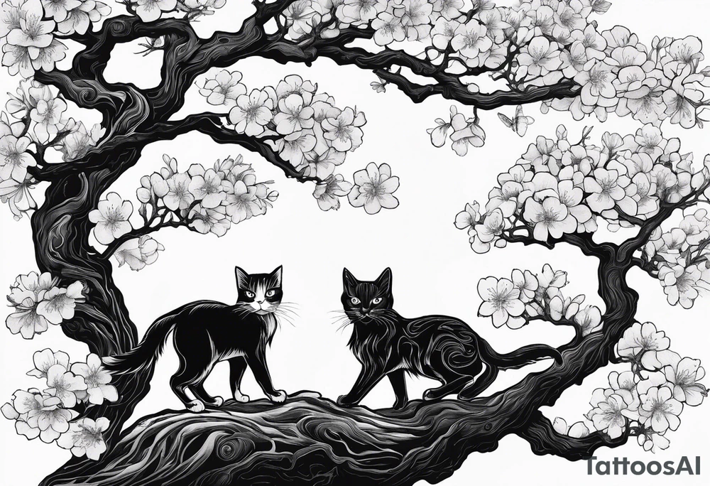 elongated cherry blossom branch meeting with a dying pine tree with hidden cute demon cat tattoo idea