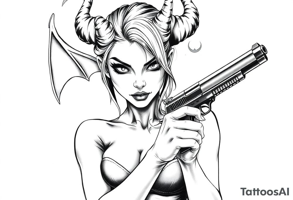 demon girl holding gun tattoo idea