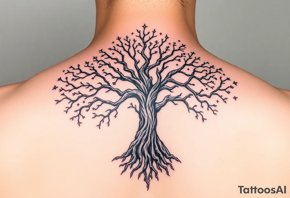 mystical tree of life with cosmic roots and celestial branches tattoo idea
