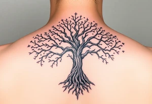 mystical tree of life with cosmic roots and celestial branches tattoo idea