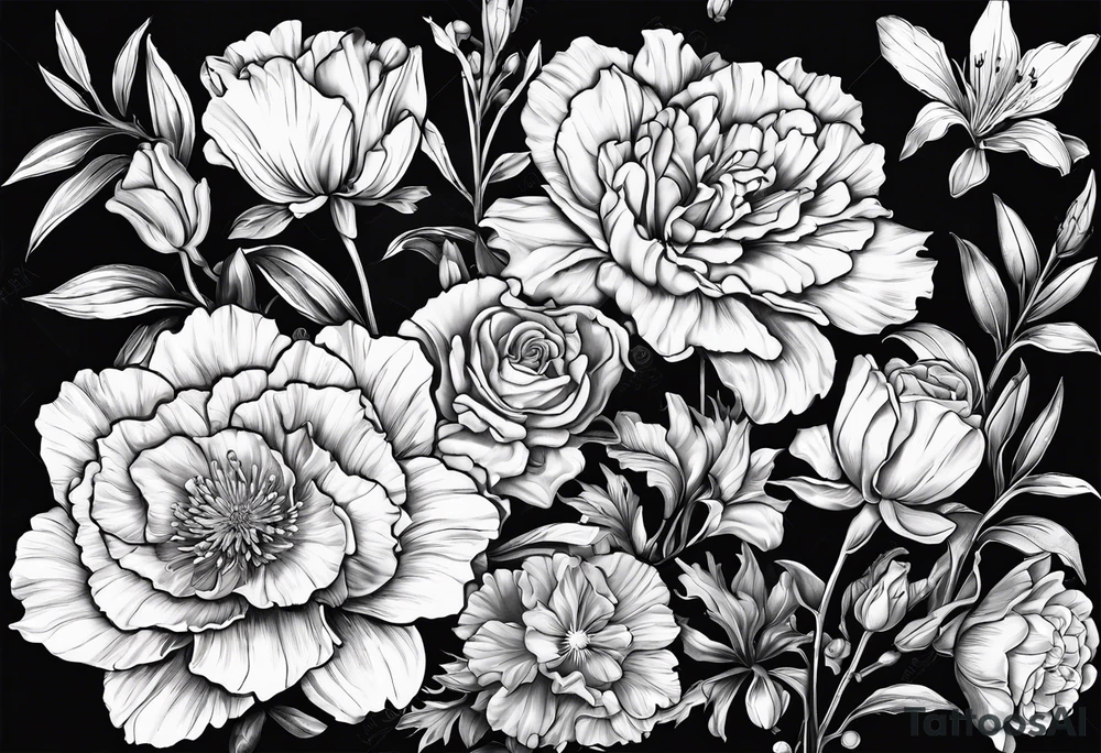 Carnation,rose,daffodil,waterlilly,gladiolus,morning glory,marigold,holly,daisy tattoo idea