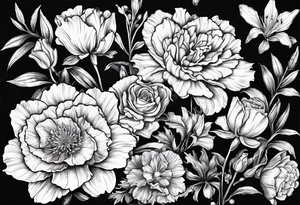 Carnation,rose,daffodil,waterlilly,gladiolus,morning glory,marigold,holly,daisy tattoo idea