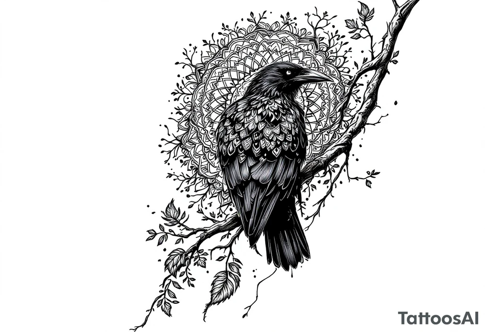 left arm tattoo of a raven on a branch surrounded by mandala tattoo idea