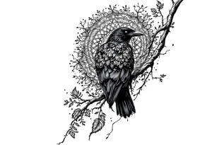 left arm tattoo of a raven on a branch surrounded by mandala tattoo idea