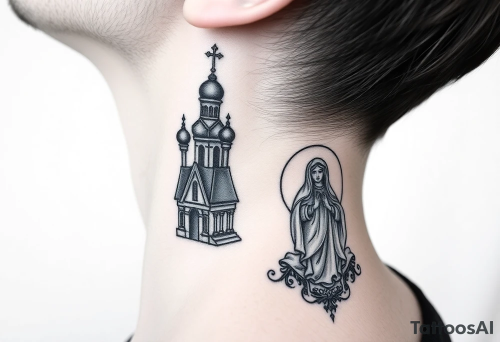 medium traditional russian orthodox church with russian coat arms and virgin mary on the side of your neck tattoo idea