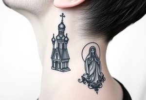 medium traditional russian orthodox church with russian coat arms and virgin mary on the side of your neck tattoo idea