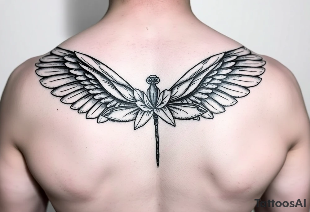 One angel wing for upper arm, add a waterlily and dragonfly tattoo idea