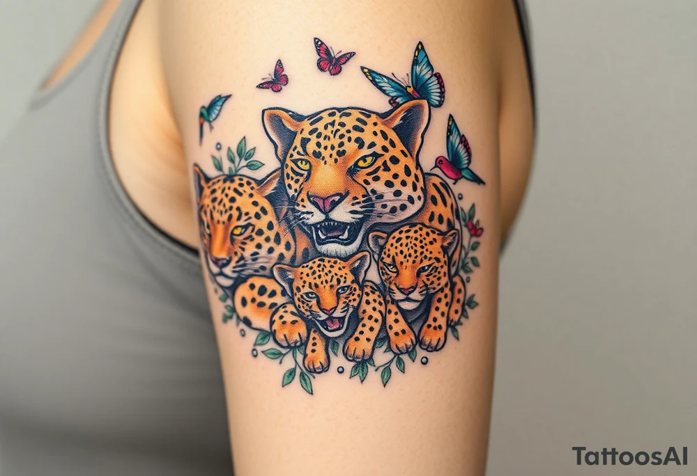 head of 3 jaguars (1 mother and 2 cubs) surrounded by butterflies and hummingbirds in new old school style tattoo idea