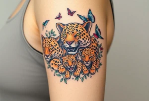 head of 3 jaguars (1 mother and 2 cubs) surrounded by butterflies and hummingbirds in new old school style tattoo idea