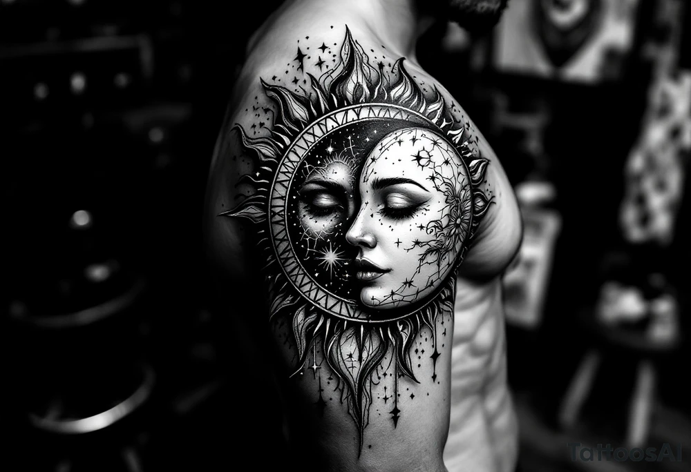 celestial sun and moon embrace with constellation patterns tattoo idea