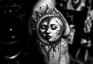 celestial sun and moon embrace with constellation patterns tattoo idea