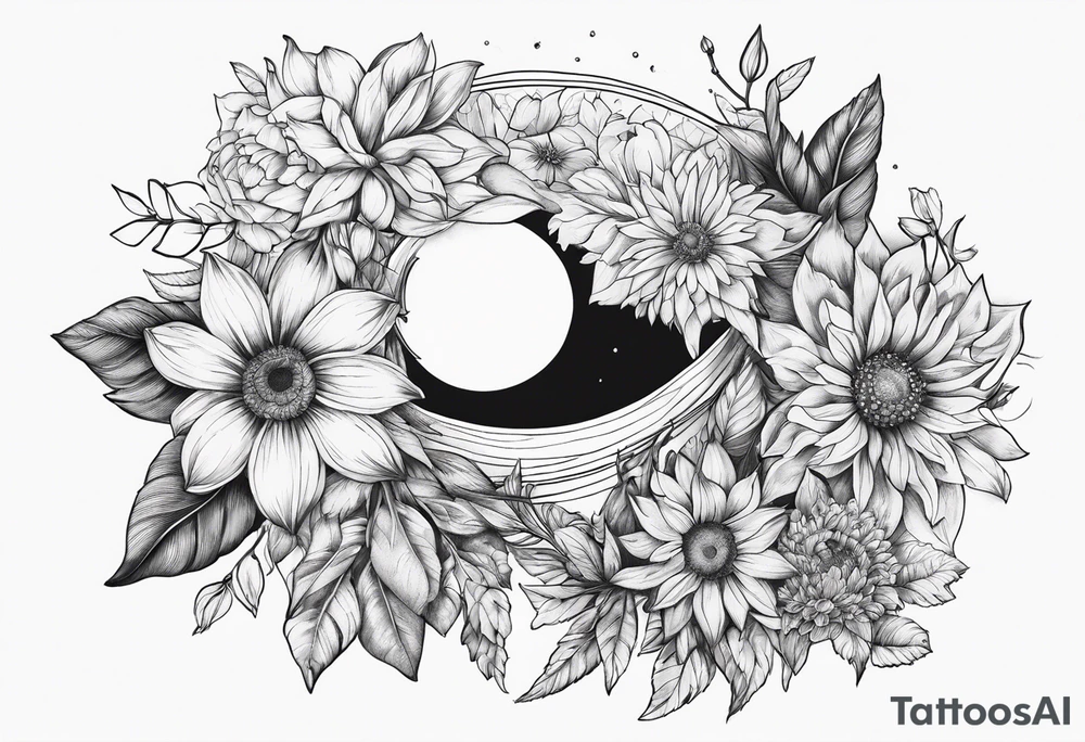flowers around sun tattoo idea