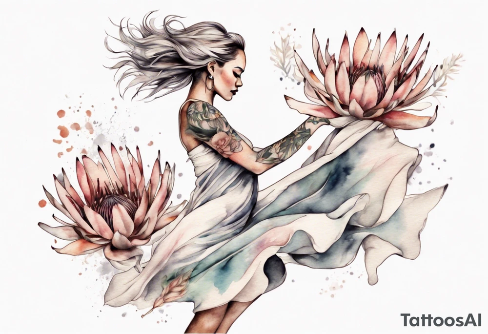 Very feminine tattoo with a woman dancing in a wind of protea flowers tattoo idea