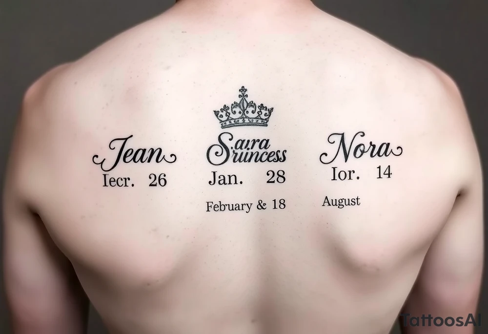 Meaning of names Jean God is gracious born on February 26, Sara Princess born on January 28, Nora honor and light born on August 14 tattoo idea