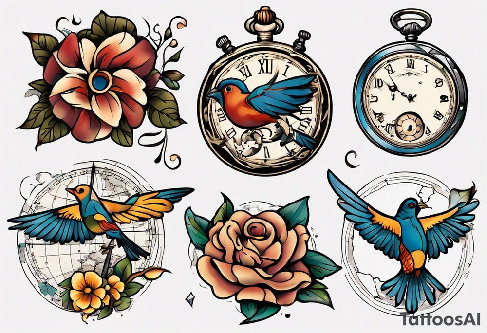 pocket watch, map , flower , bird tattoo idea