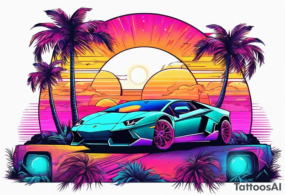 Synthwave tattoo with palm trees and an old lamborghini driving in front of the sun tattoo idea