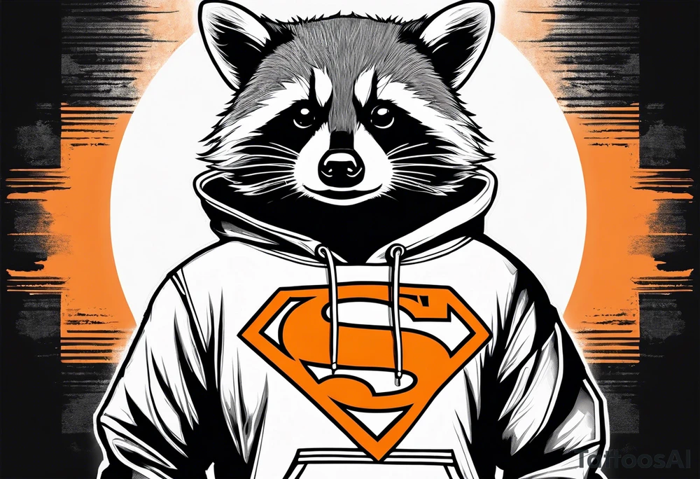 Raccoon wearing an orange Superman hoodie tattoo idea