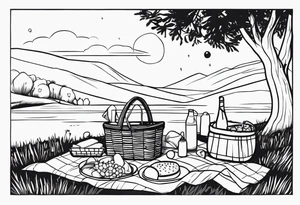 Black and white minimalstic picnic scene in nature. A blanket on the ground with picnic-basket with lid, pillows and party tennants. Thin lines. tattoo idea