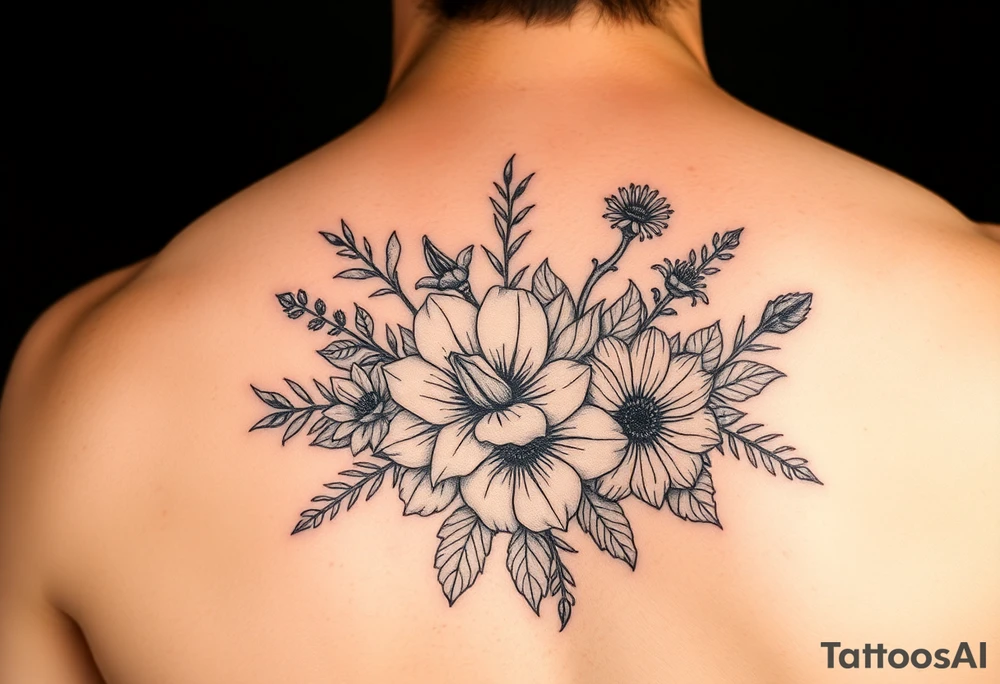 A bouquet of birth flowers for the months of January , February,  March, April,  May, June, August tattoo idea