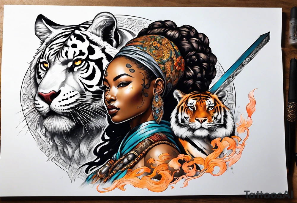 African goddess with sword in hand and tiger Japanese traditional style tattoo idea