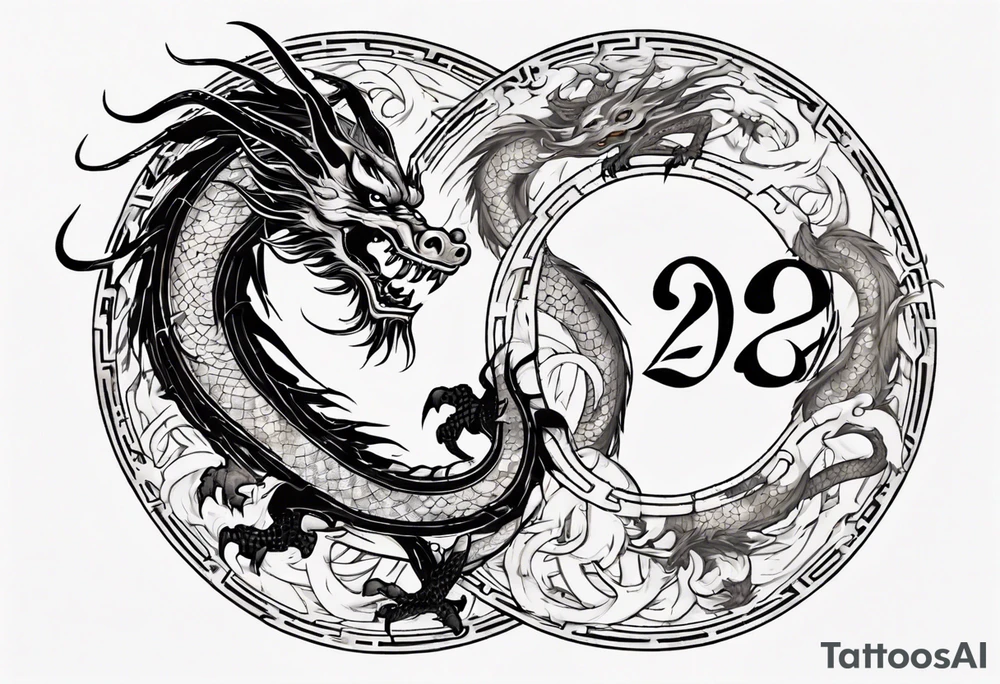 Chinese dragon in a circular shape with "02.03" written on its skin tattoo idea