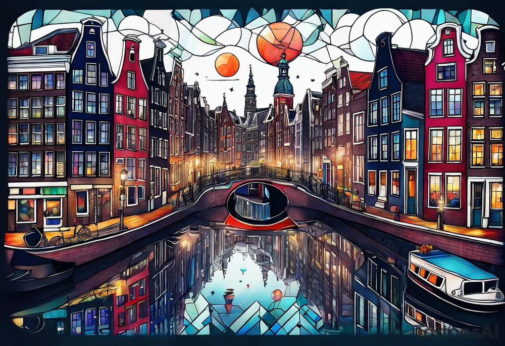 Tattoo of animals in Amsterdam featuring Amsterdam buildings and canal in galaxy colours featuring glass tattoo idea