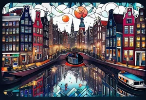 Tattoo of animals in Amsterdam featuring Amsterdam buildings and canal in galaxy colours featuring glass tattoo idea