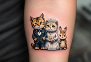 A playful cat, a loyal dog, and a tiny bunny dressed as a bride, groom, and wedding guest, standing side by side. tattoo idea