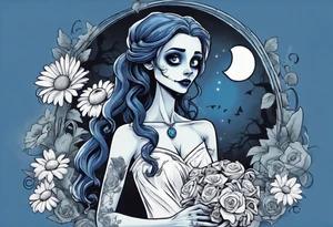 corpse bride Emily wearing a wedding dress she is holding a bouquet of flowers. one white daisy in the middle of the bouquet. one blue butterfly. A full moon on the background. full grown tattoo idea
