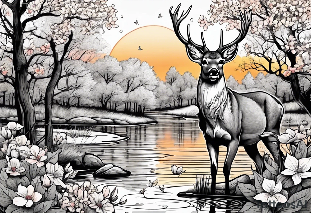 Deer standing in front of a pond with trees and dogwood flowers in the background tattoo idea