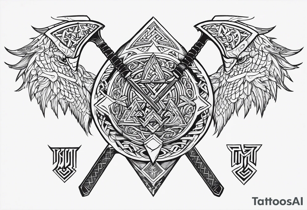 Valhalla sword shield dragon axe Valknut helm of awe tattoo idea Valhalla sword shield dragon axe Valknut helm of awe tattoo idea
