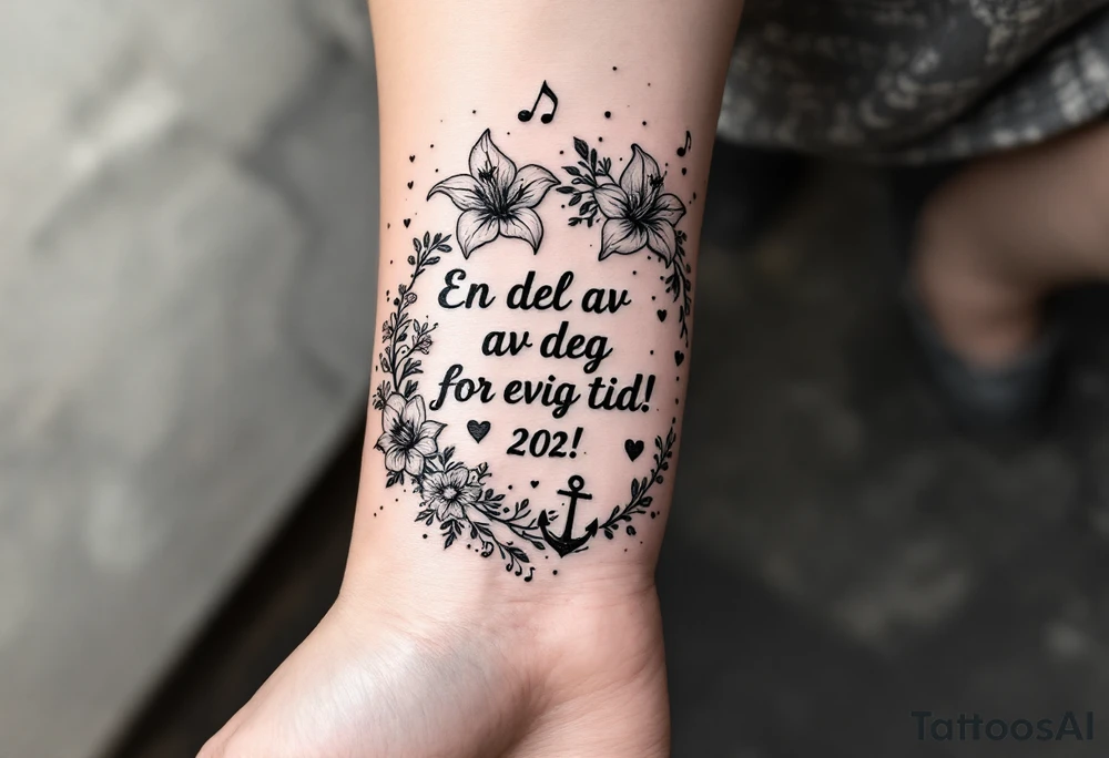 make a quote that says "En del av deg for evig tid! Pappa 20.12.24" Surrounded by gladiolus, music notes, hearts and an anchor tattoo idea