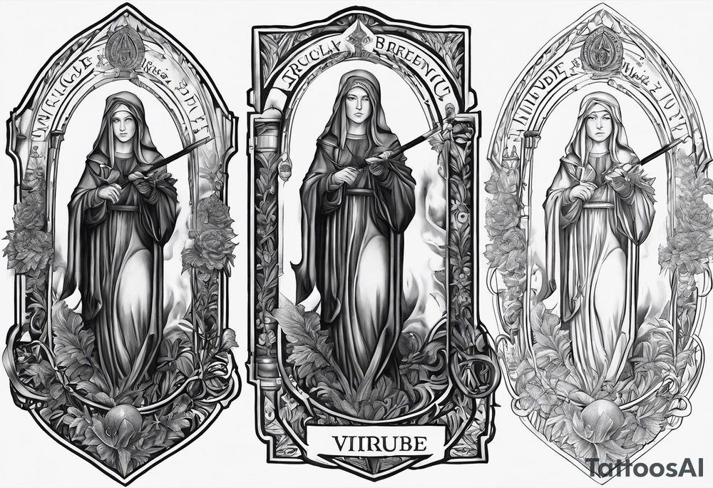 A full back piece themed on the surname mcbride. It should not have any faces in it. It should take inspiration from artwork of saint bridget holding fire in her hands. It should have the text Vincit Pericula Virtus on it tattoo idea