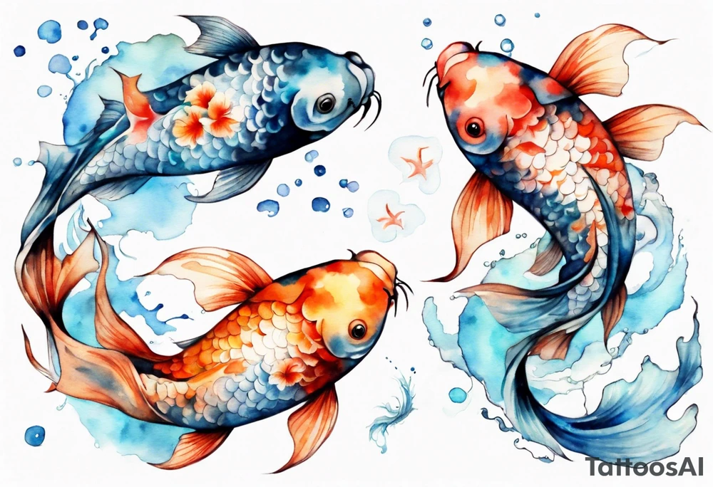 Koi Karp with Pisces theme. Add some jellyfish in, water, the moon. Watercolour style. tattoo idea