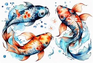 Koi Karp with Pisces theme. Add some jellyfish in, water, the moon. Watercolour style. tattoo idea