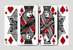 one combined tatto in minimalistic style with icon style three king of spades and icon style one queen of hearts. extreme minimalstic and few lines. much more minimalistic and fewer lines tattoo idea